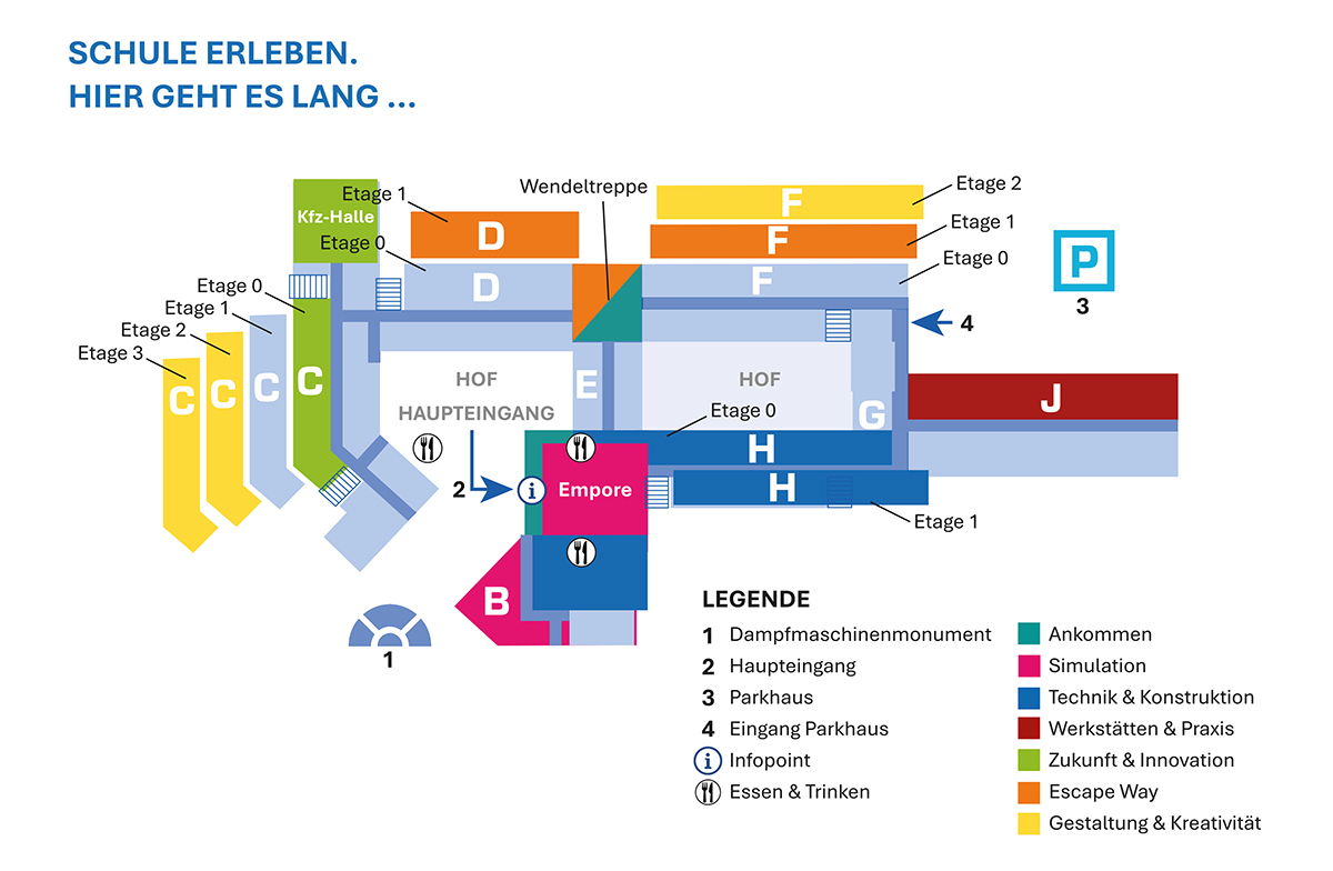Gebäudeplan des Berufskollegs Technik mit den Bereichen und Aktionsorten des Open House